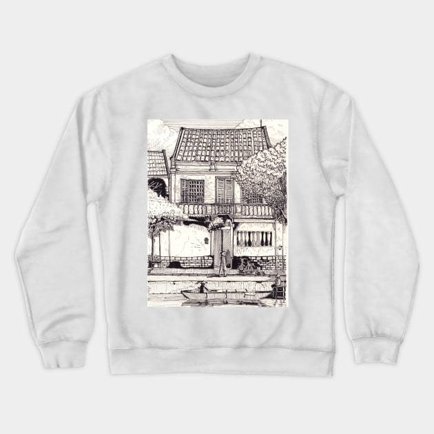 Townhouse in Hoi An Vietnam Pen and Ink Illustration Crewneck Sweatshirt by Wall-Art-Sketch